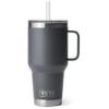 imageYETI Rambler 25 oz Tumbler with Handle and Straw Lid Travel Mug Water Tumbler Vacuum Insulated Cup with Handle Stainless Steel Rescue RedCharcoal